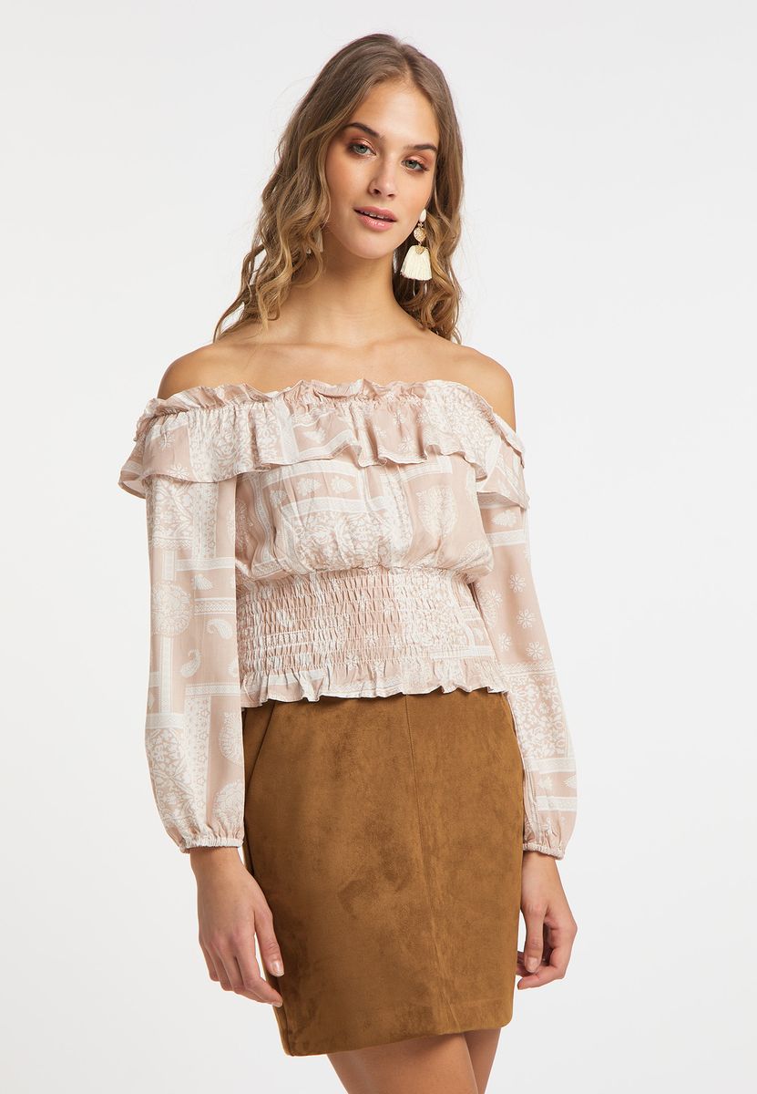 Schulterfreie Paisley-Bluse mit Smok-Saum