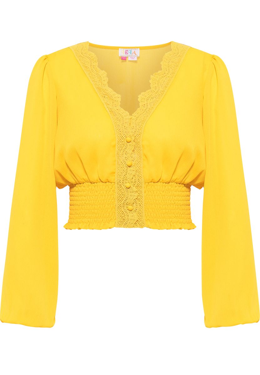 Kurze V-Bluse mit Spitzenbesatz