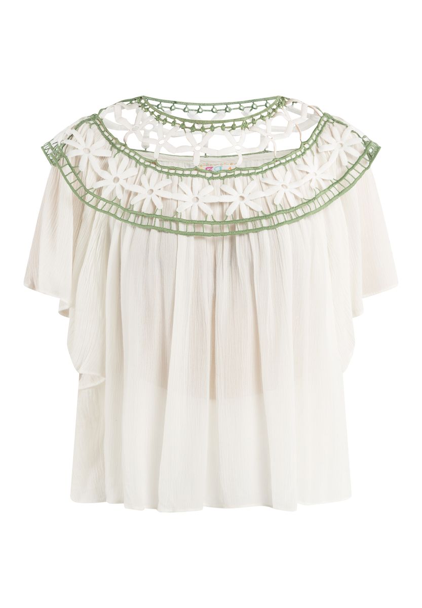 Lockeres Crinkle-Oberteil mit floraler Spitze