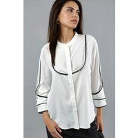 Bluse mit Kontrastpaspel und Stehkragen