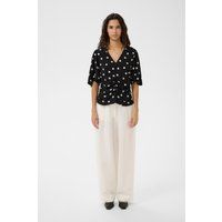Kurzarmbluse mit Polka-Dots und Raffung