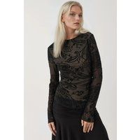 Asymmetrische Mesh-Bluse mit Paisleymuster