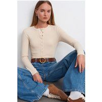 Geripptes Henley-Strickoberteil mit Langarm