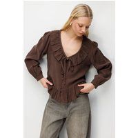 Rüschenbluse mit V-Ausschnitt und Bindeband