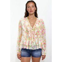 Florale Chiffon-Bluse mit Rüschen-V-Ausschnitt