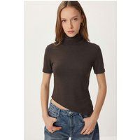 Kurzärmelige Rollkragenbluse mit asymmetrischem Saum