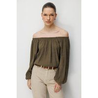 Strukturierte schulterfreie Langarm-Bluse