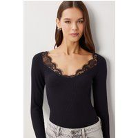Rippstrick-Langarmshirt mit Spitzenbesatz
