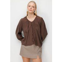 Strukturierte Rundhalsbluse mit Knopfleiste