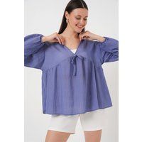 Seersucker-Bluse mit V-Ausschnitt und Schleife