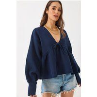 Strukturierte V-Ausschnitt-Bluse mit Bindedetail