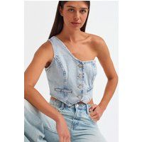 Einseitig schulterfreies Denim-Bustier-Top