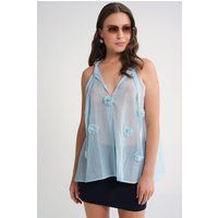 Transparente V-Ausschnitt-Bluse mit Blumen-Applikationen