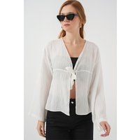 Strukturierte V-Ausschnitt-Bluse mit Bindeband