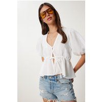 V-Ausschnitt Peplum-Bluse mit Puffärmeln