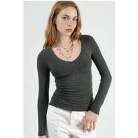 Körpernahes V-Ausschnitt Langarmshirt