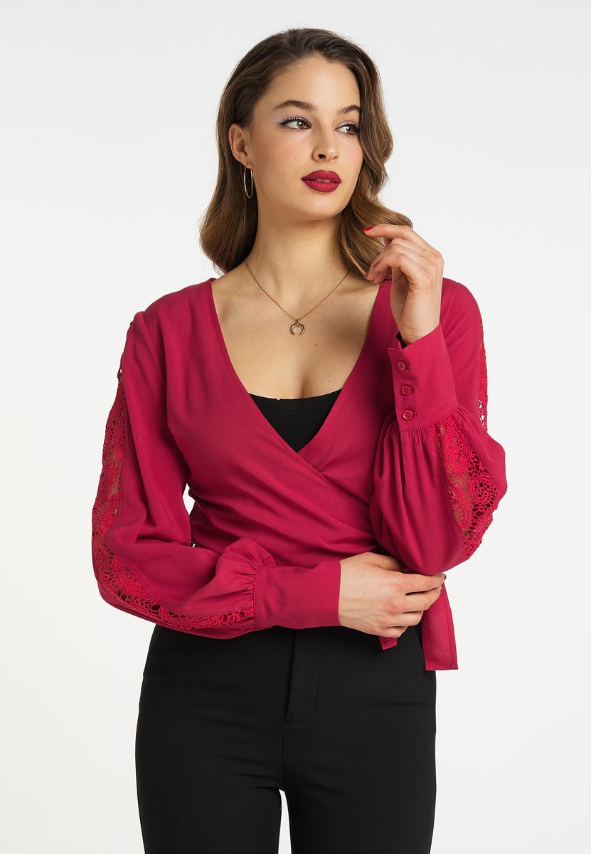 Wickelbluse mit Spitzenbesatz und Manschetten