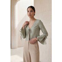 Cropped Leinen-Mix-Top mit Bindedetail