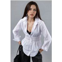 Popeline-Hemdbluse mit geraffter Taille