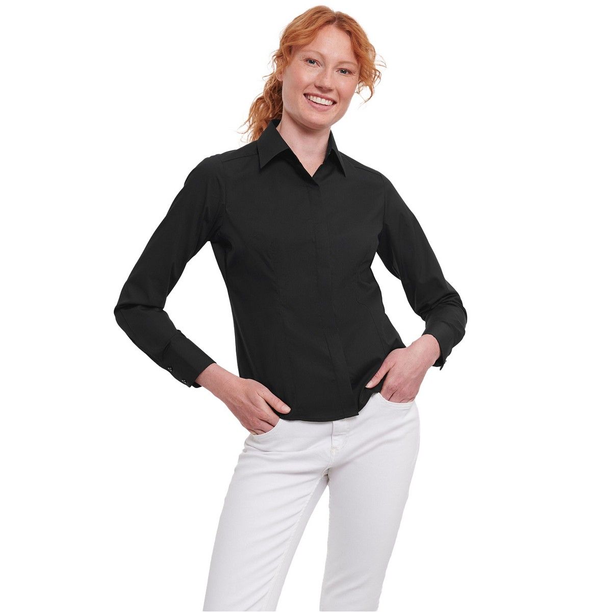 Schmal geschnittene Popeline-Bluse mit verdeckter Knopfleiste