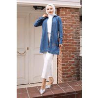Langes Jeanshemd mit Strassbesatz