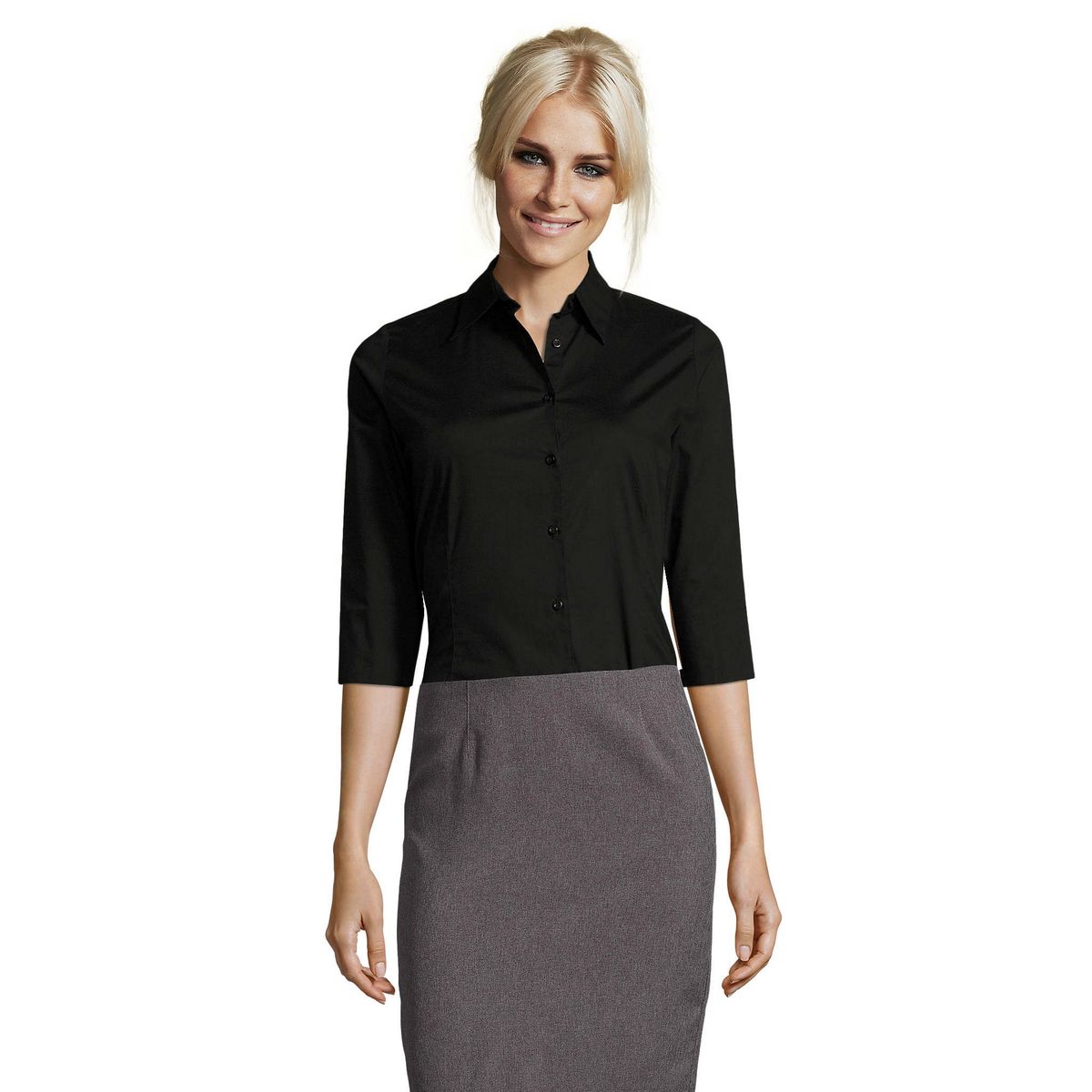 Schmal geschnittene Popeline-Bluse mit 3/4-Ärmeln