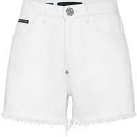 High-Waist Jeansshorts mit Fransen und Logo