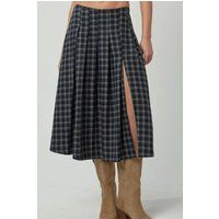 Karierter High-Waist Midirock mit Schlitz