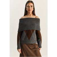 Off-Shoulder-Strickpullover mit Rautenmuster