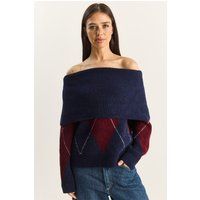 Off-Shoulder-Strickpullover mit Argyle-Muster
