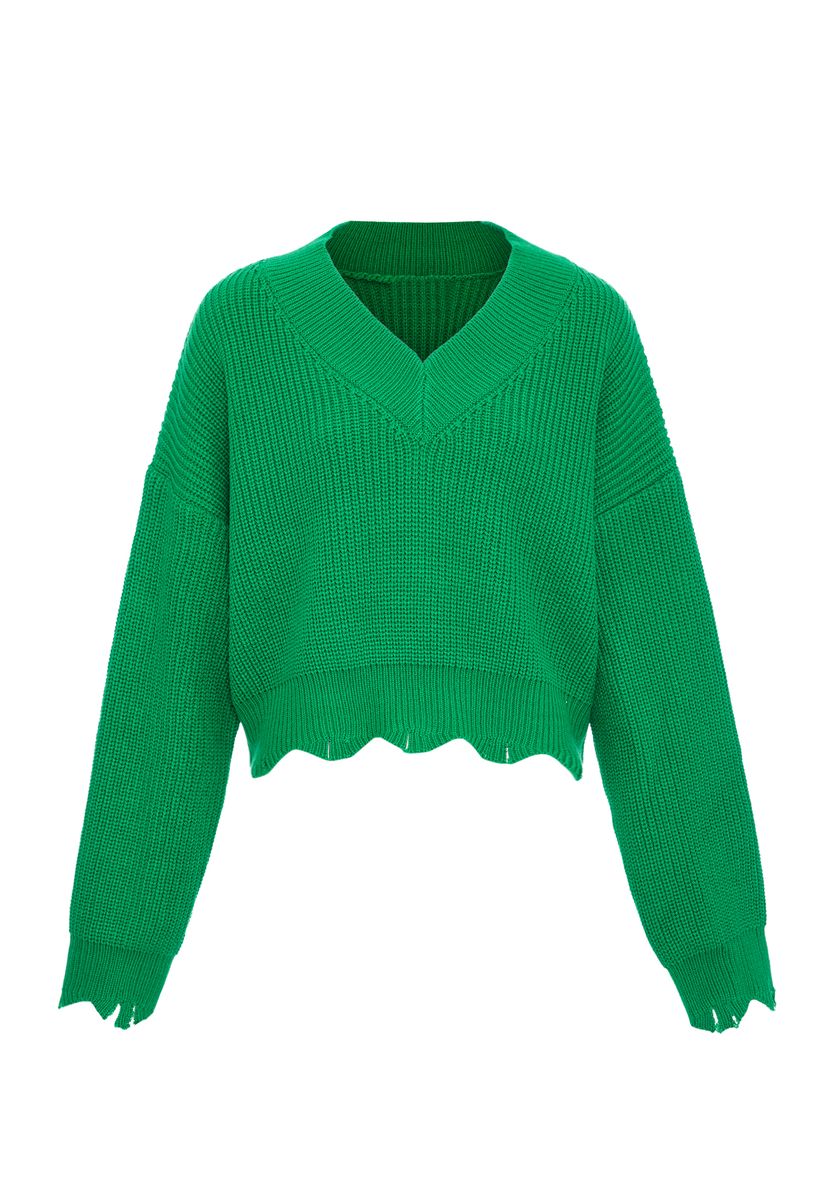 Kurzer V-Ausschnitt Strickpullover mit Destroyed-Details