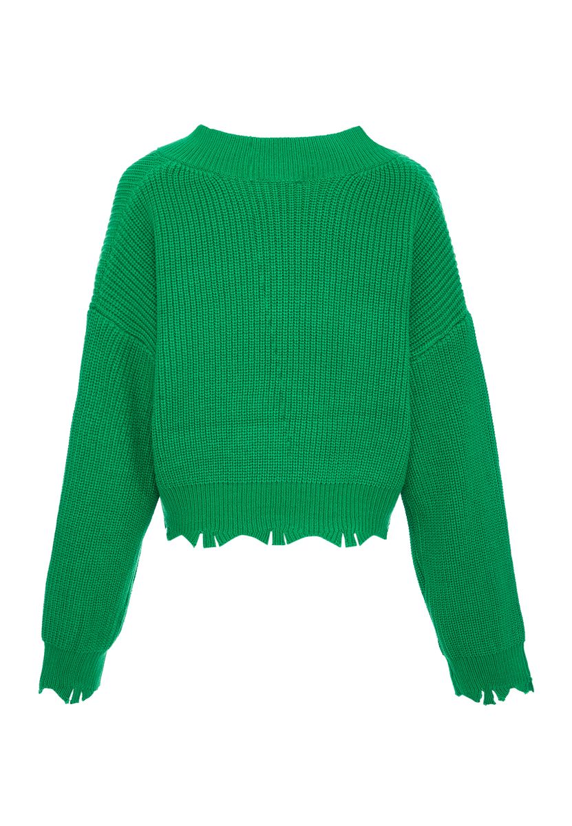 Kurzer V-Ausschnitt Strickpullover mit Destroyed-Details