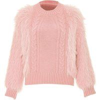 Zopfstrickpullover mit Kunstfellbesatz