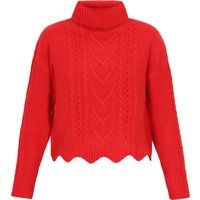 Rollkragenpullover mit Zopfmuster und Wellensaum