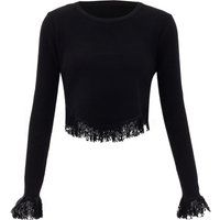 Gerippter Crop-Pullover mit Fransen