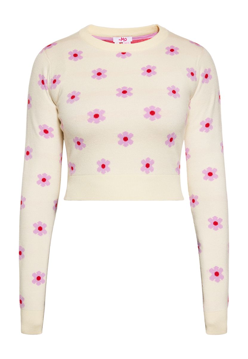 Kurzer Jacquard-Strickpullover mit Blumenmuster