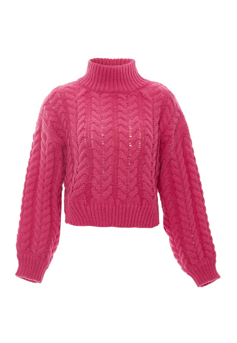 Grobstrickpullover mit Zopfmuster und Stehkragen
