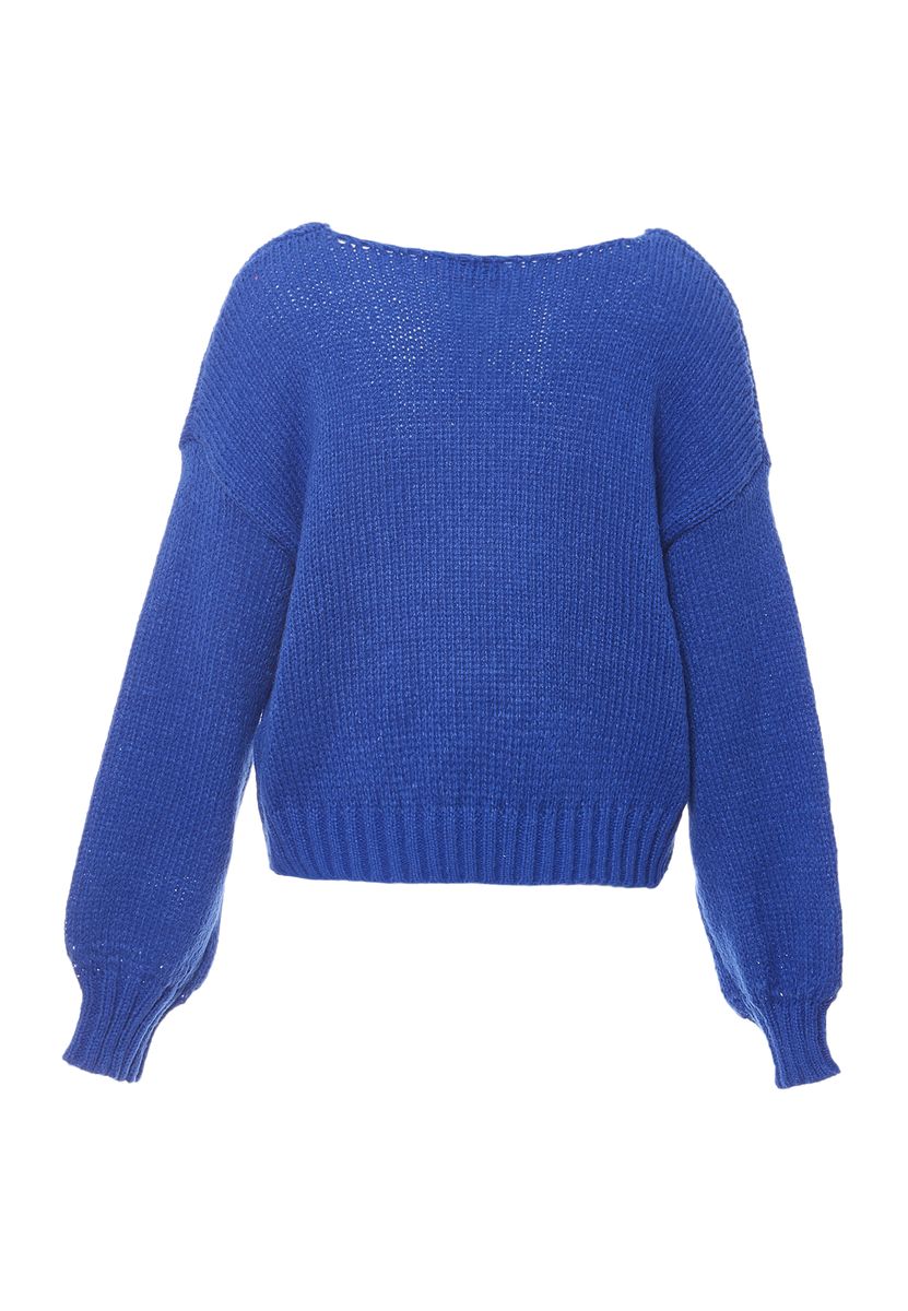 V-Ausschnitt Strickpullover mit Ballonärmeln