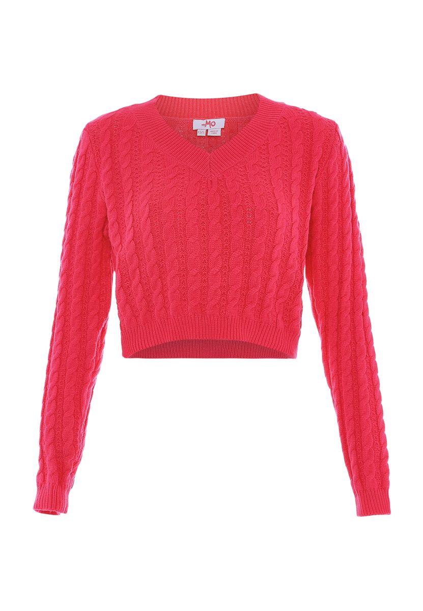 Verkürzter V-Ausschnitt Zopfstrickpullover