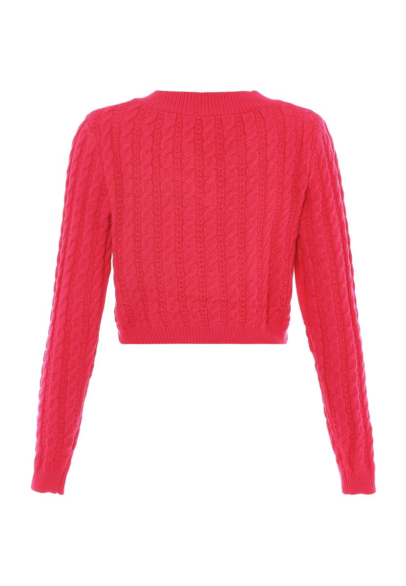 Verkürzter V-Ausschnitt Zopfstrickpullover