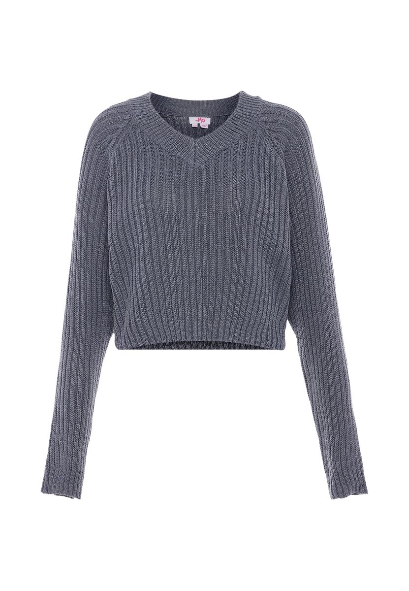Kurzer Rippstrick-Pullover mit V-Ausschnitt