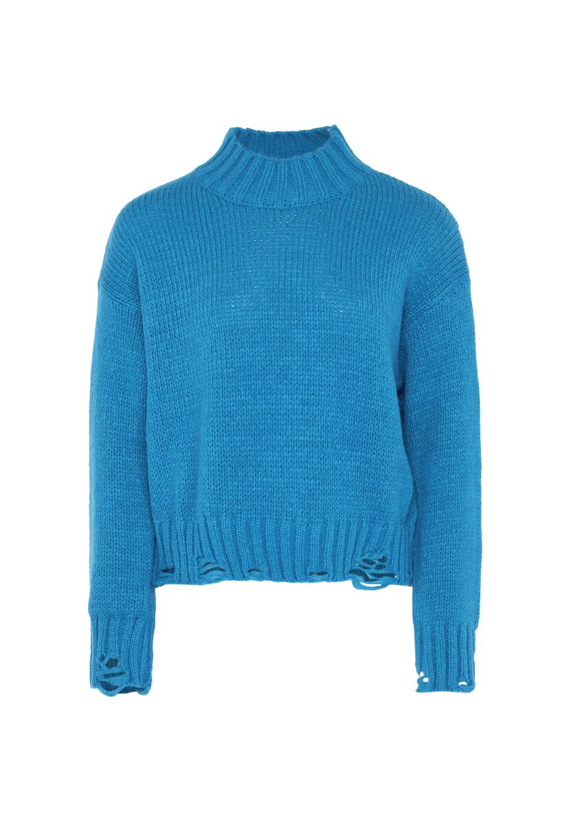 Strickpullover mit Stehkragen und Destroyed-Look