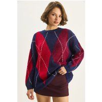 Oversize Argyle-Pullover mit Rundhalsausschnitt