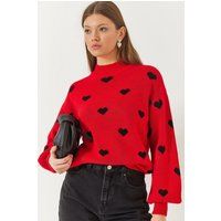 Lockerer Stehkragen-Pullover mit Herzmuster