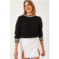 Zopfstrickpullover mit gestreiftem Besatz