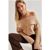 Schulterfreier Rippstrick-Pullover mit Umschlag