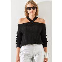 Gerippter Off-Shoulder-Halter-Pullover