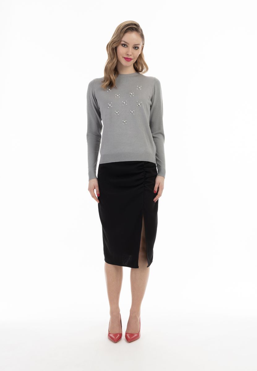 Perlverzierter Rundhals-Strickpullover