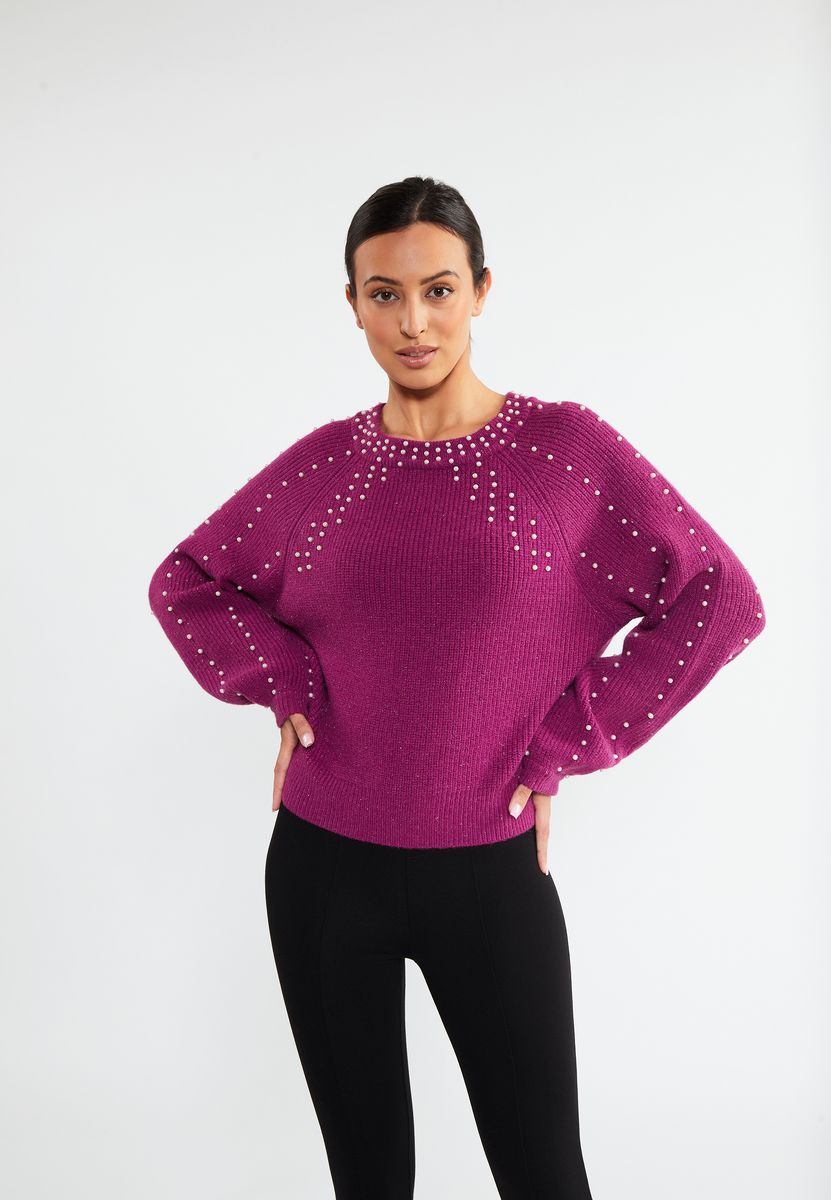 Perlenbestickter Strickpullover mit Glanz