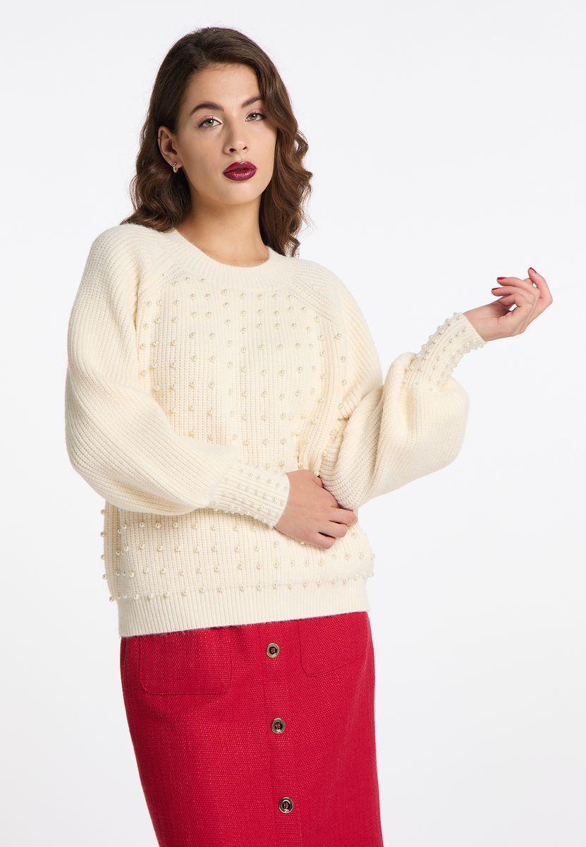 Rippstrickpullover mit Perlenverzierung